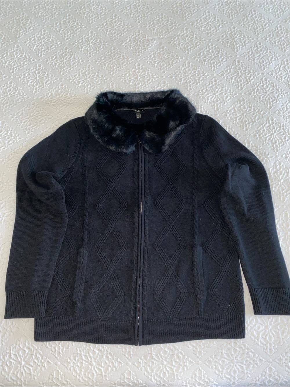 Talbots Black Knit Zip Cardigan with Faux Fur Trim • Petite Large - Picture 2 of 15